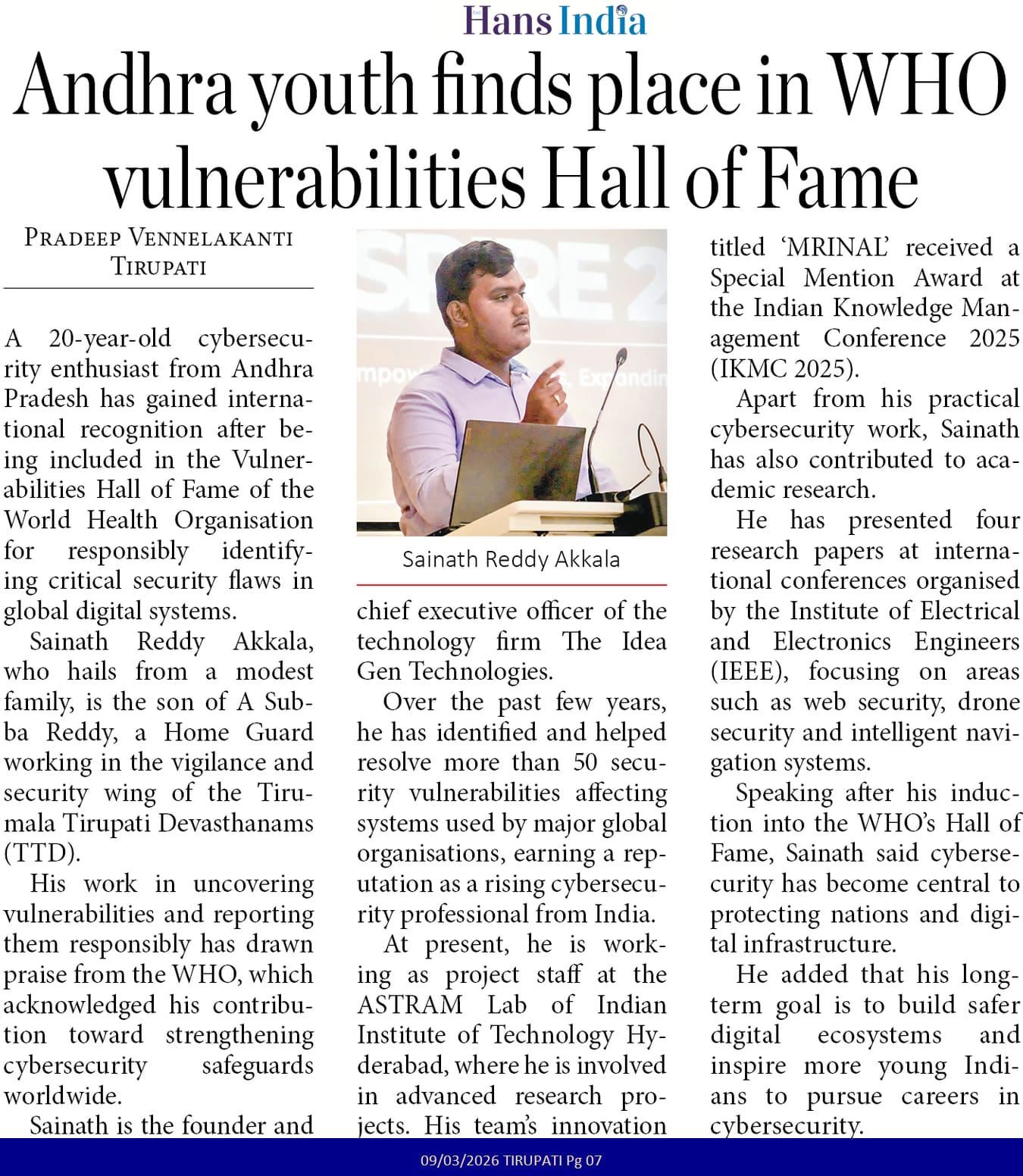 Hans India newspaper feature